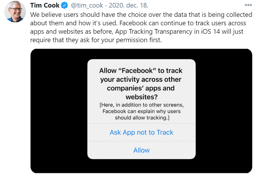 Facebook iOS 14 frissítés - Tim Cook tweet-je a témában