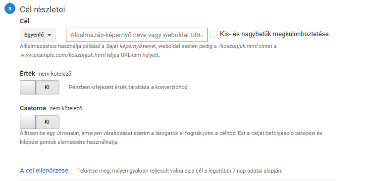 Google Analytics URL Cél részletei