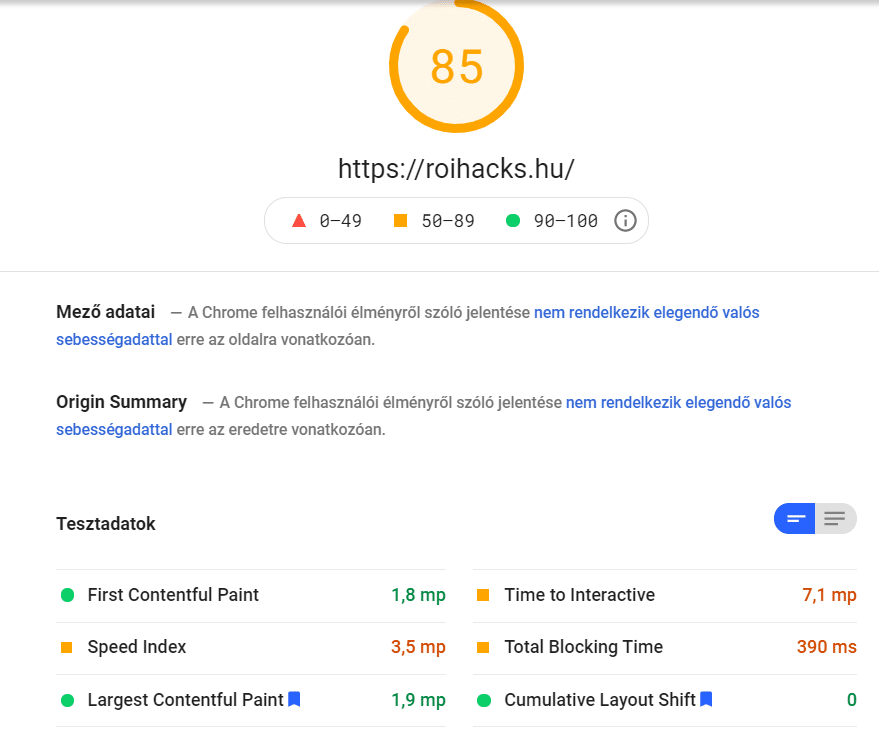 Google PageSpeed Insights tool eredmények