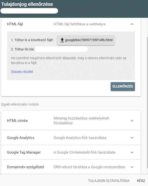 Tulajdonjog ellenőrzése - URL előtag esetén - Google Search Console